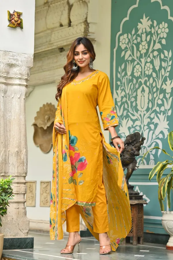 Mustard_Yellow_Floral_Cotton_Suit_Set_For_Women_&_Girls