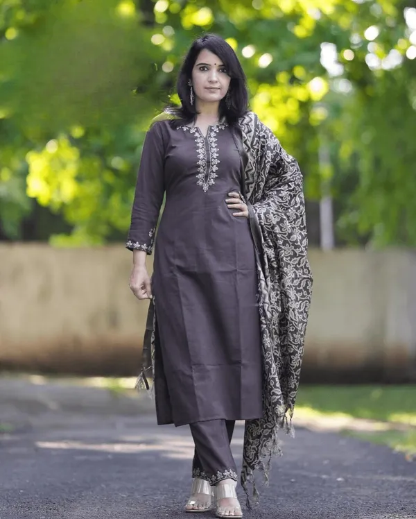 Dark_Grey_Embroidered_Cotton_Suit_Set_For_Women_&_Girls