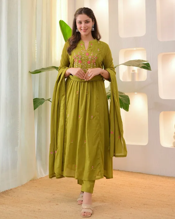 Olive_Green_Floral_Embroidered_Anarkali_Set_With_Dupatta
