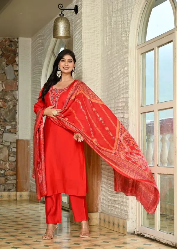 Embroidered_Red_Cotton_Suit_Set_With_Printed_Dupatta