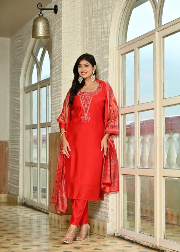Embroidered_Red_Cotton_Suit_Set_With_Printed_Dupatta