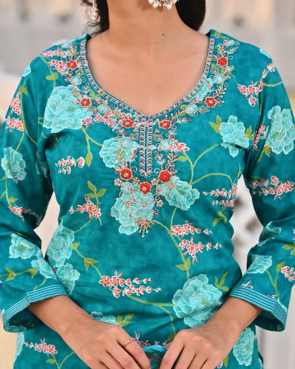 Teal_Blue_Floral_Printed_Cotton_Suit_Set_With_Embroidered_Neckline