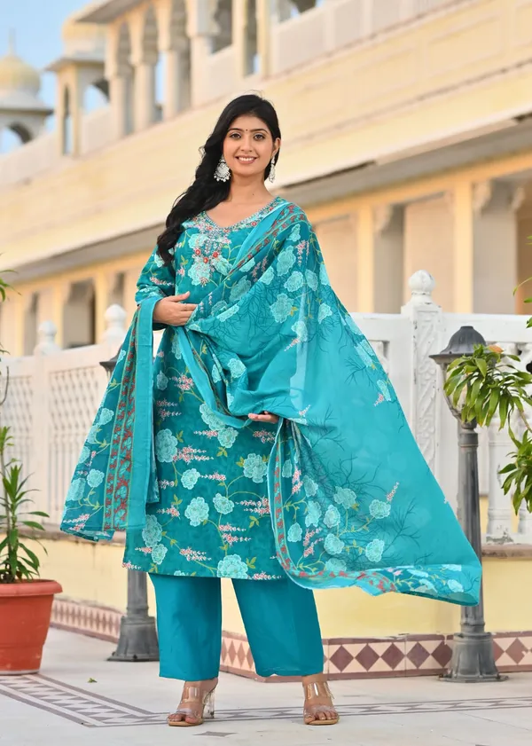 Teal_Blue_Floral_Printed_Cotton_Suit_Set_With_Embroidered_Neckline