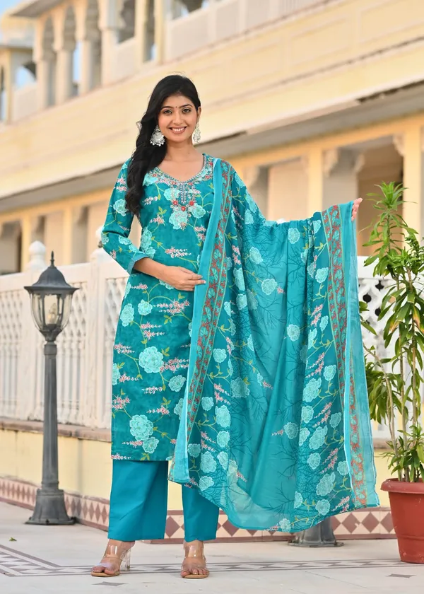 Teal_Blue_Floral_Printed_Cotton_Suit_Set_With_Embroidered_Neckline