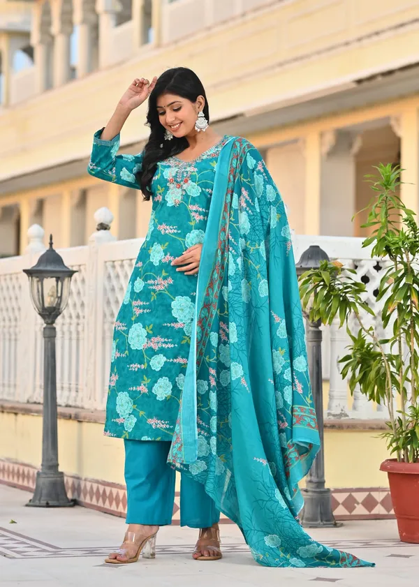 Teal_Blue_Floral_Printed_Cotton_Suit_Set_With_Embroidered_Neckline