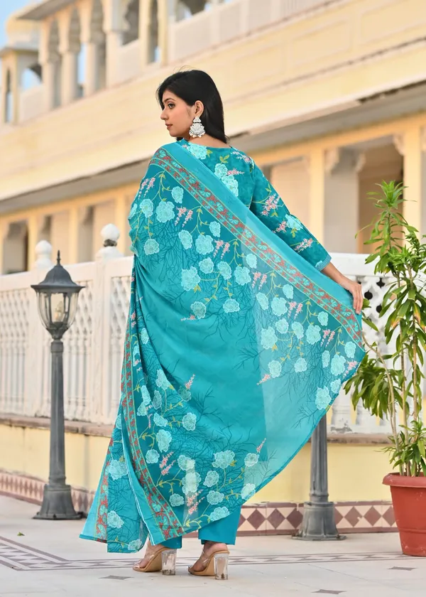 Teal_Blue_Floral_Printed_Cotton_Suit_Set_With_Embroidered_Neckline