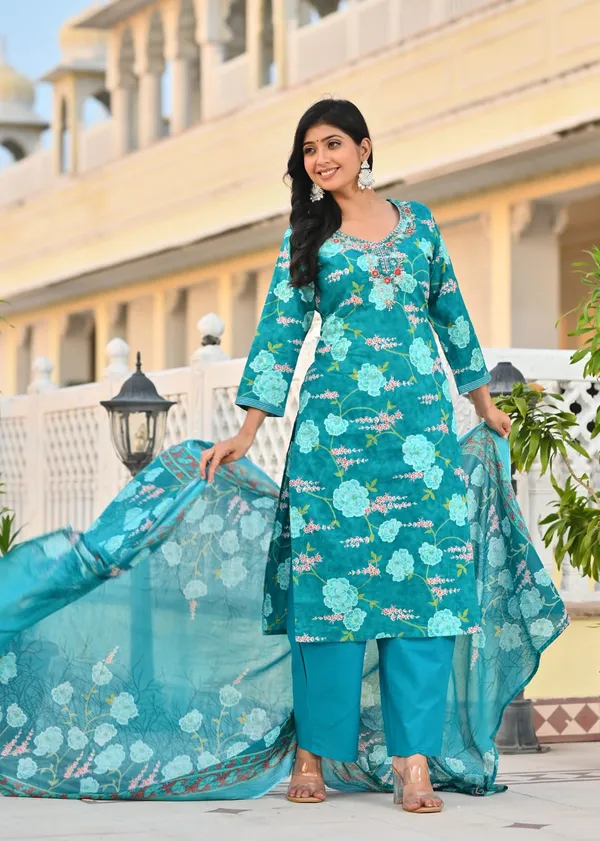 Teal_Blue_Floral_Printed_Cotton_Suit_Set_With_Embroidered_Neckline