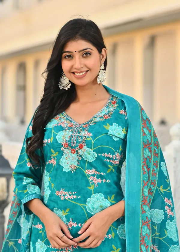 Teal_Blue_Floral_Printed_Cotton_Suit_Set_With_Embroidered_Neckline