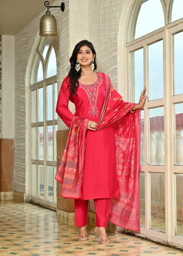 Magenta_Embroidered_Cotton_Suit_Set_With_Printed_Dupatta
