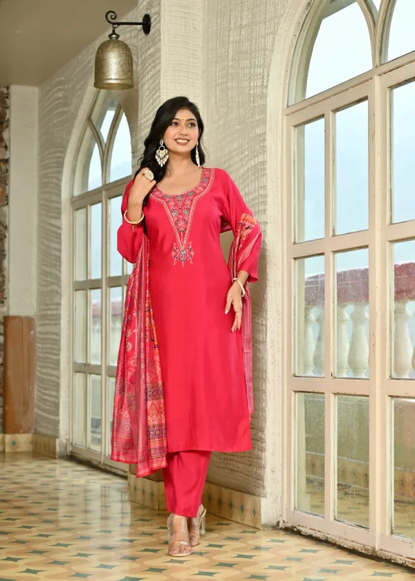 Magenta_Embroidered_Cotton_Suit_Set_With_Printed_Dupatta
