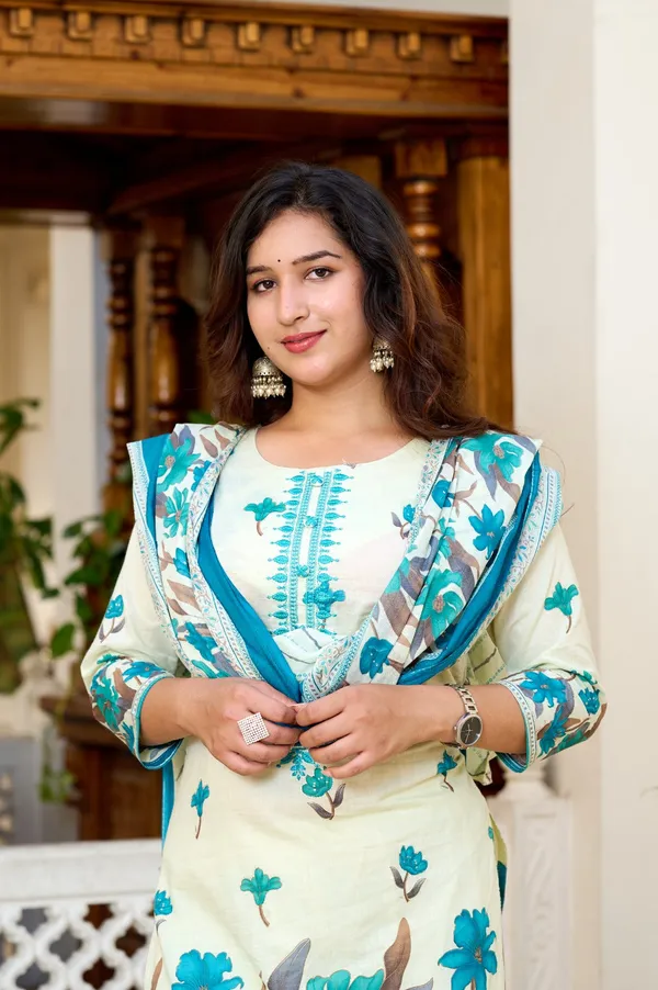 Aqua_Blue_Cream_Floral_Printed_Cotton_Suit_Set_With_Dupatta