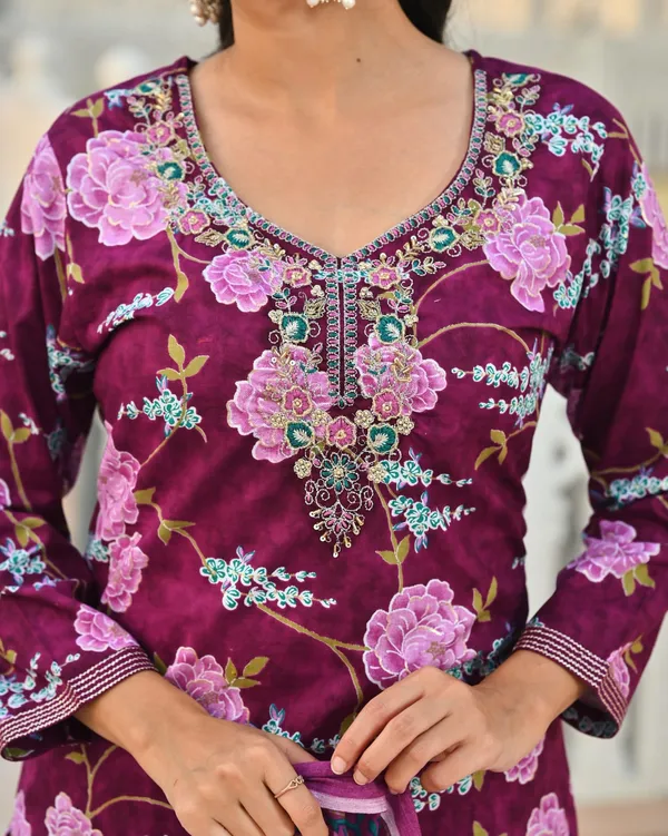 Plum_Purple_Floral_Printed_Cotton_Suit_Set_With_Dupatta