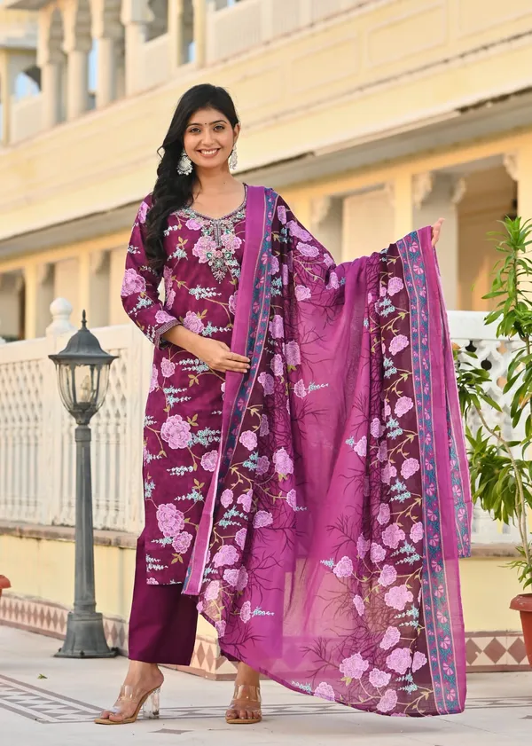 Plum_Purple_Floral_Printed_Cotton_Suit_Set_With_Dupatta