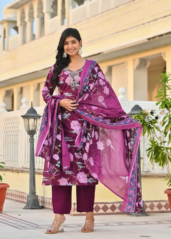 Plum_Purple_Floral_Printed_Cotton_Suit_Set_With_Dupatta