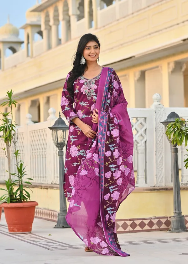 Plum_Purple_Floral_Printed_Cotton_Suit_Set_With_Dupatta