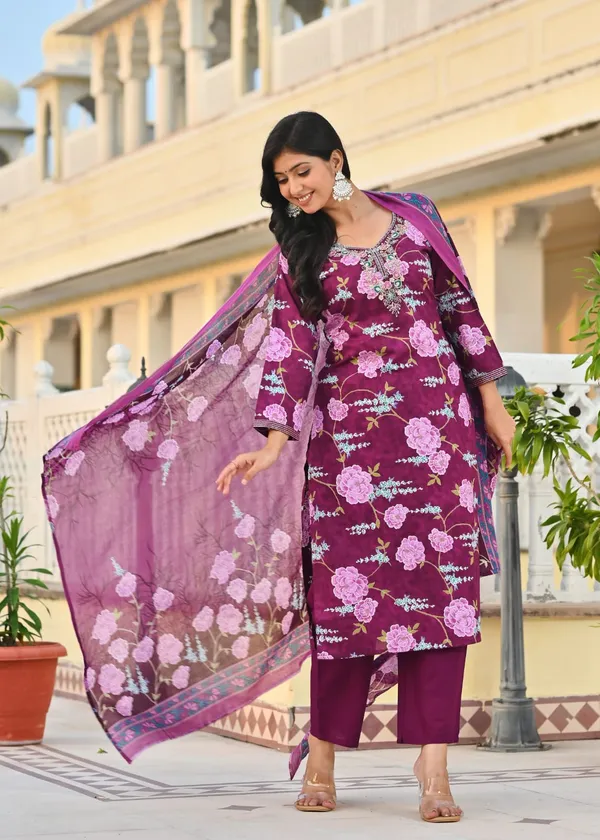 Plum_Purple_Floral_Printed_Cotton_Suit_Set_With_Dupatta
