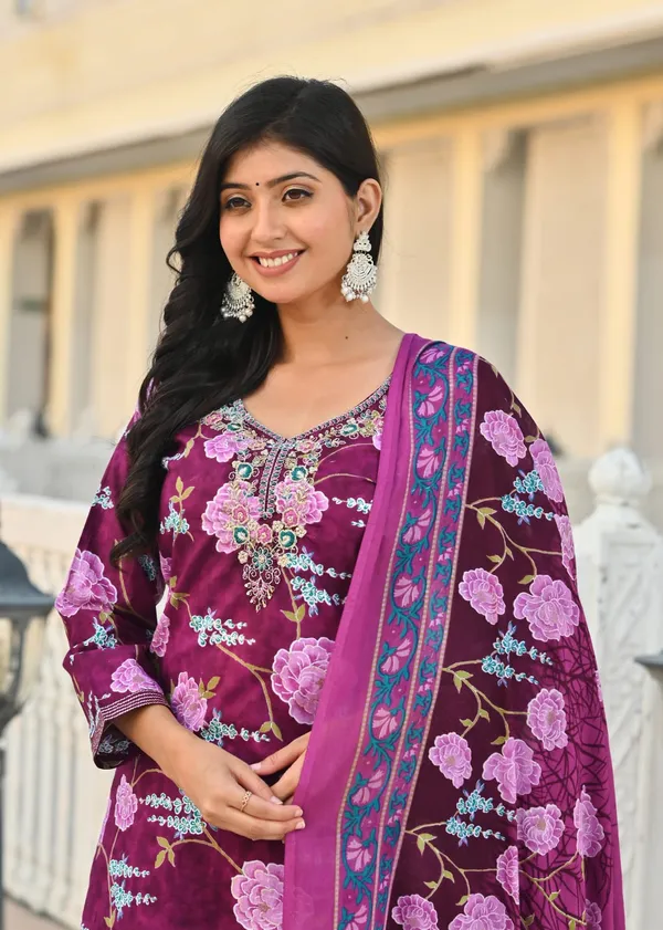 Plum_Purple_Floral_Printed_Cotton_Suit_Set_With_Dupatta