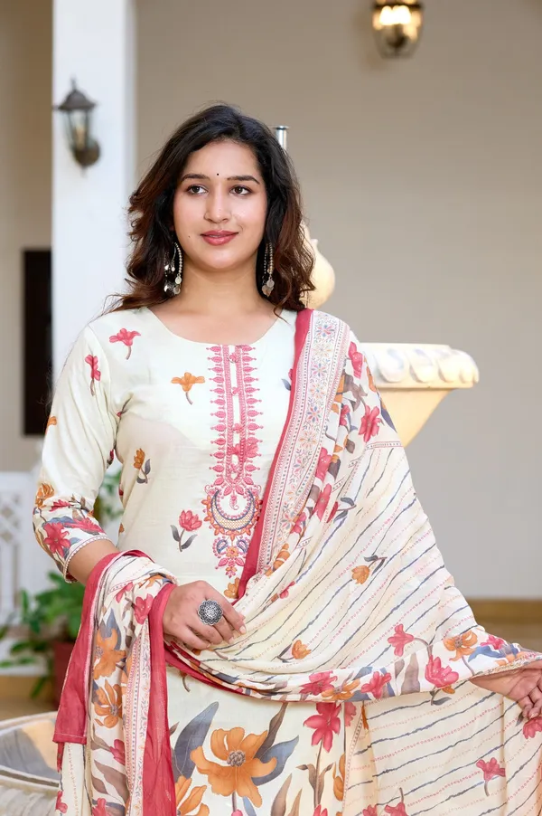 Cream_Coral_Floral_Printed_Cotton_Suit_Set_With_Dupatta