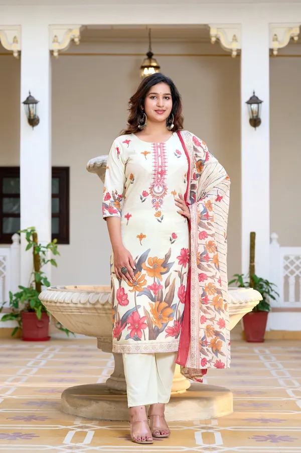 Cream_Coral_Floral_Printed_Cotton_Suit_Set_With_Dupatta