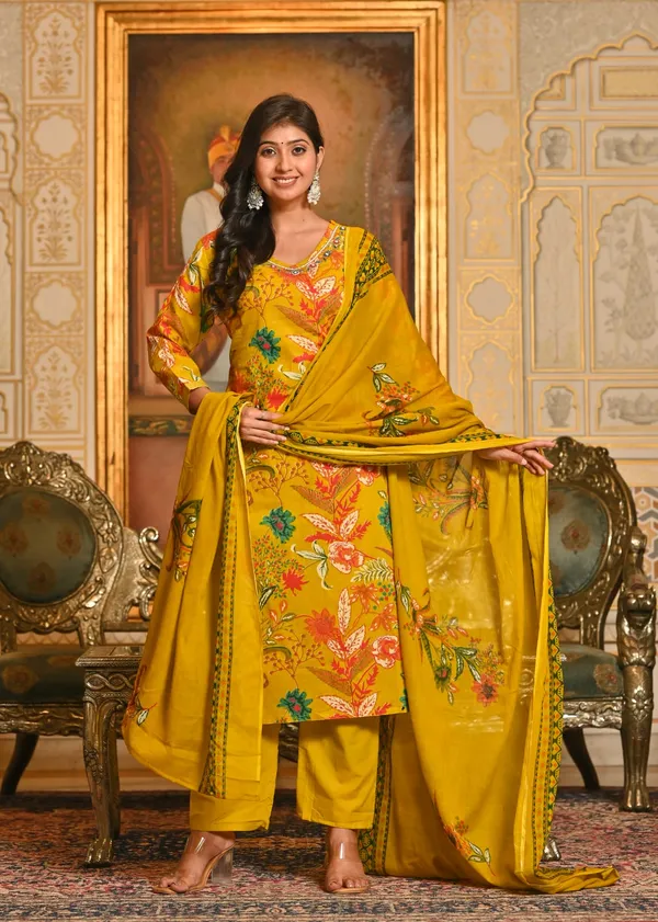 Mustard_Yellow_Floral_Printed_Cotton_Suit_Set_With_Dupatta