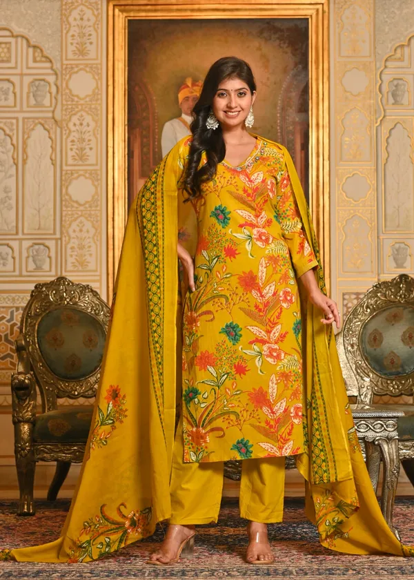 Mustard_Yellow_Floral_Printed_Cotton_Suit_Set_With_Dupatta