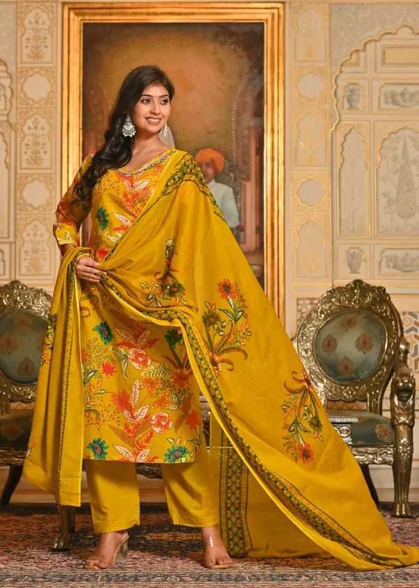 Mustard_Yellow_Floral_Printed_Cotton_Suit_Set_With_Dupatta