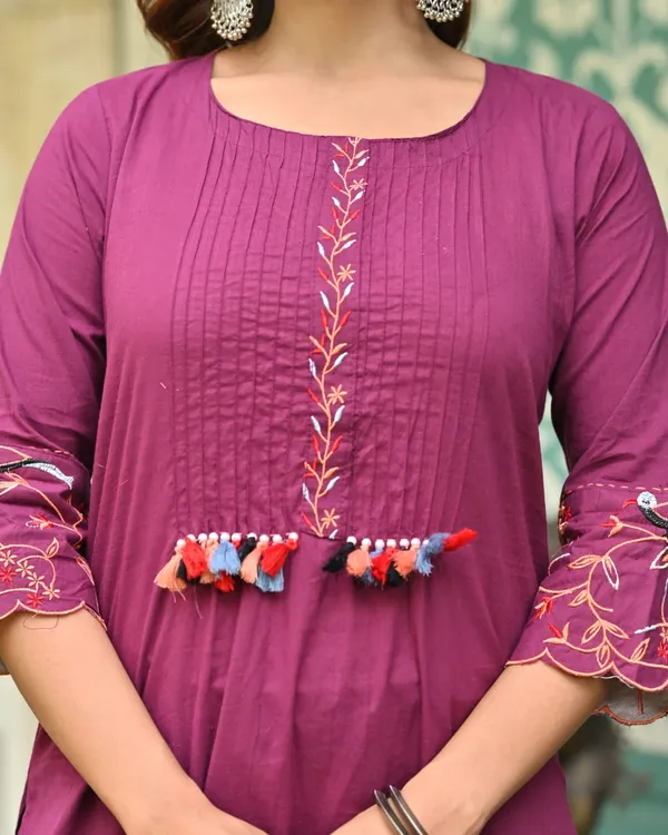 Wine_Cotton_Kurta_Pant_Set_With_Tassel_Detailing