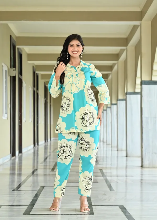 Aqua_Blue_Floral_Co_Ord_Set_In_Cotton