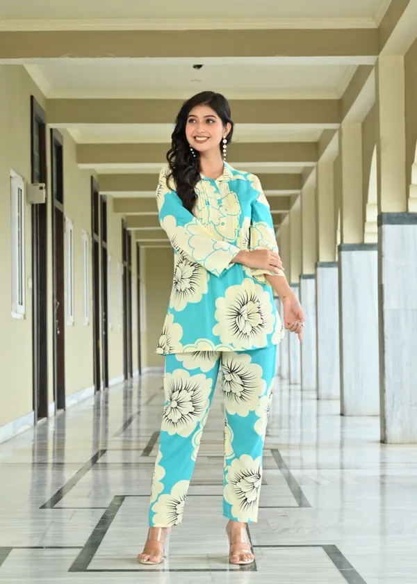 Aqua_Blue_Floral_Co_Ord_Set_In_Cotton