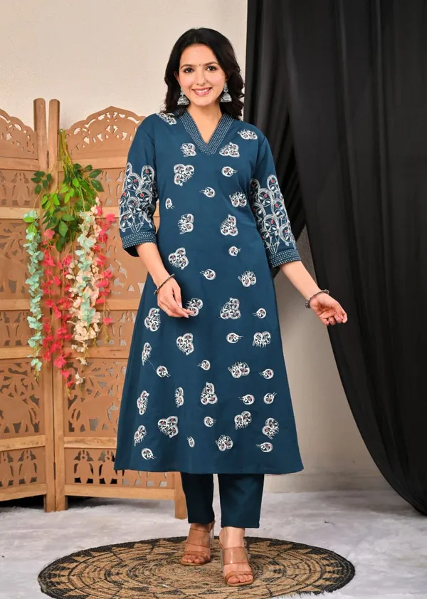Teal_Blue_Printed_Cotton_Suit_Set_With_Embroidered_Sleeves