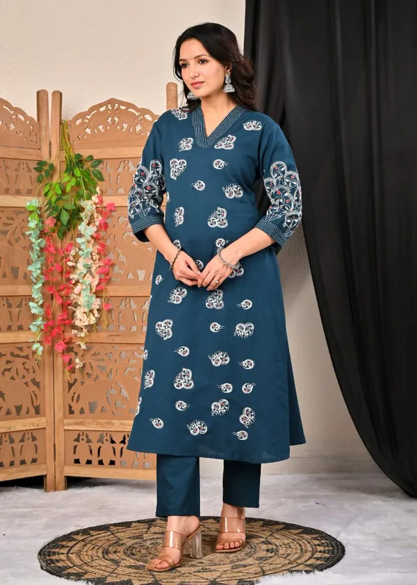 Teal_Blue_Printed_Cotton_Suit_Set_With_Embroidered_Sleeves