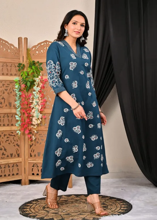 Teal_Blue_Printed_Cotton_Suit_Set_With_Embroidered_Sleeves