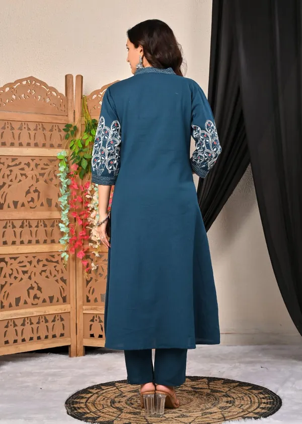 Teal_Blue_Printed_Cotton_Suit_Set_With_Embroidered_Sleeves