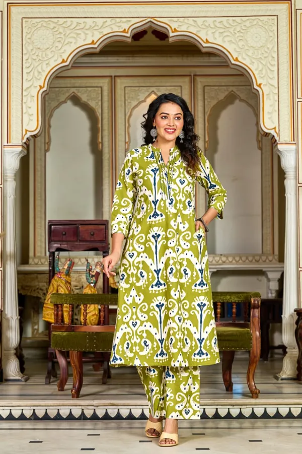 Olive_Green_Ikat_Printed_Cotton_Kurta_Set