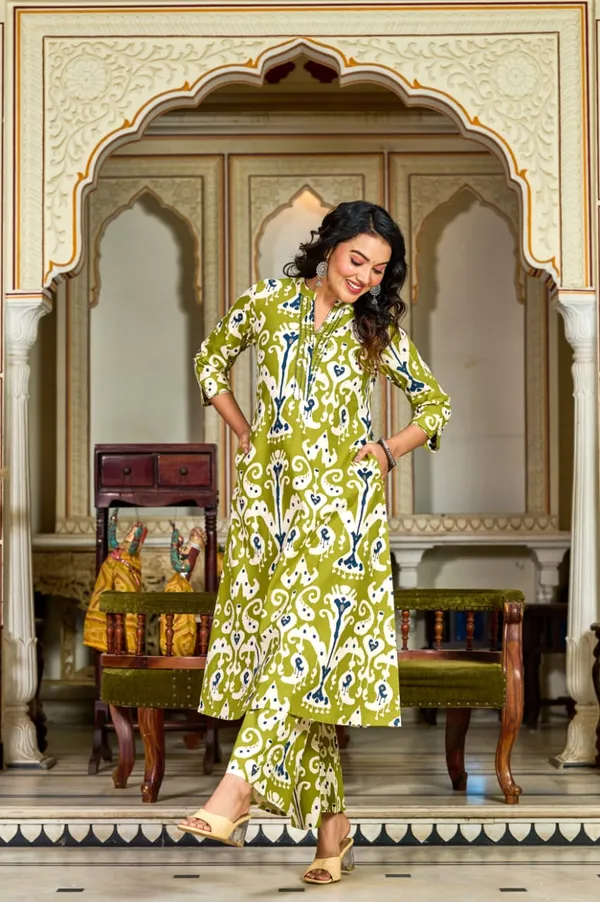 Olive_Green_Ikat_Printed_Cotton_Kurta_Set