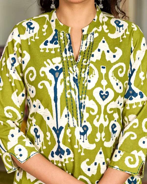 Olive_Green_Ikat_Printed_Cotton_Kurta_Set