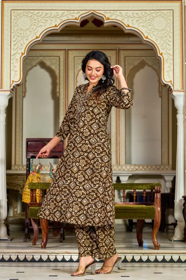 Brown_Handblock_Printed_Cotton_Kurta_Set
