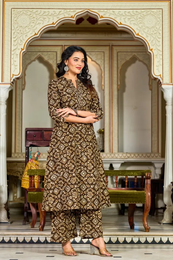 Brown_Handblock_Printed_Cotton_Kurta_Set