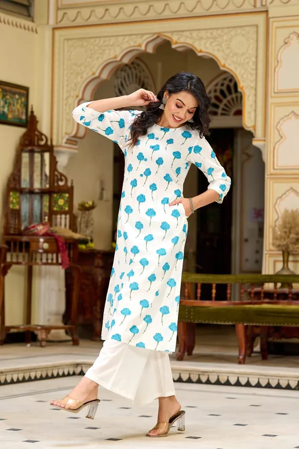 White_Blue_Floral_Printed_Cotton_Kurta_Set