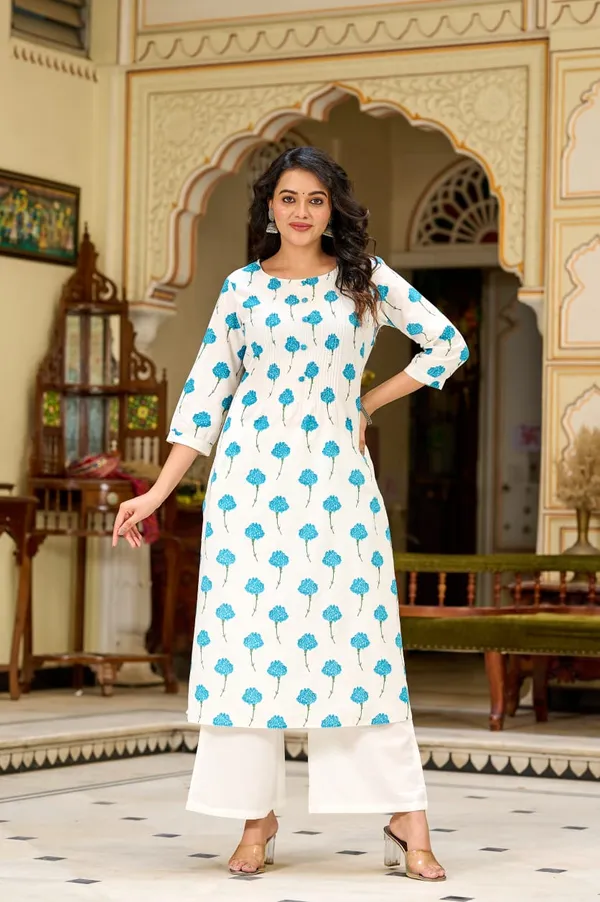 White_Blue_Floral_Printed_Cotton_Kurta_Set