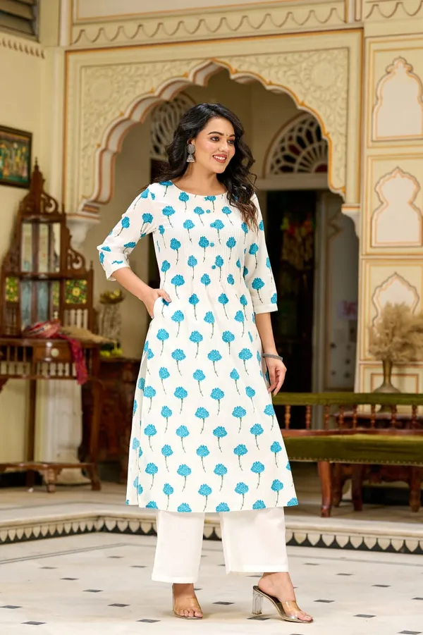 White_Blue_Floral_Printed_Cotton_Kurta_Set