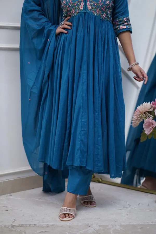 Teal_Blue_Embroidered_Cotton_Kurta_Set_with_Dupatta