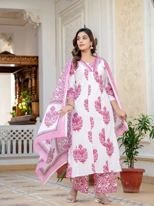 White_&_Pink_Handblock_Printed_Chanderi_Kurta_Set