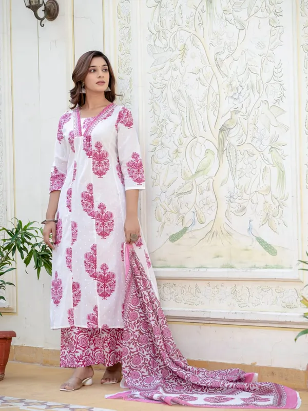 White_&_Pink_Handblock_Printed_Chanderi_Kurta_Set