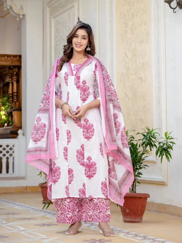 White_&_Pink_Handblock_Printed_Chanderi_Kurta_Set