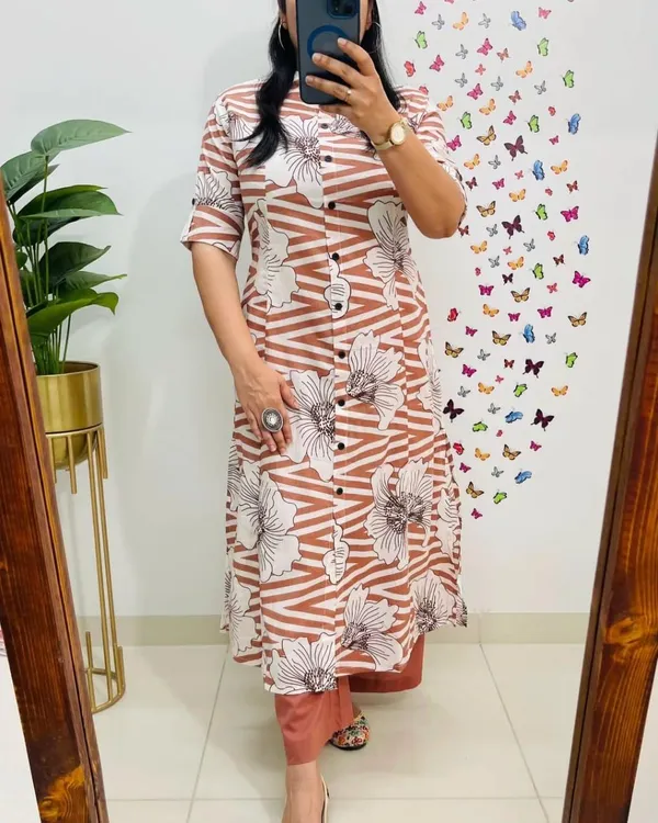 Rust_Floral_Striped_Cotton_Kurta_Set