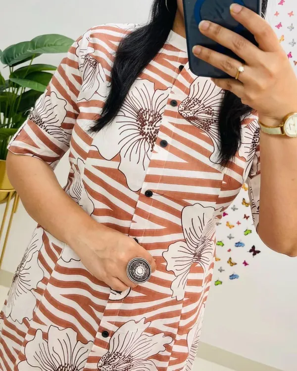 Rust_Floral_Striped_Cotton_Kurta_Set