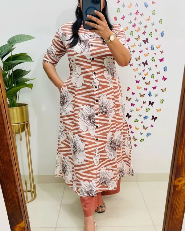 Rust_Floral_Striped_Cotton_Kurta_Set