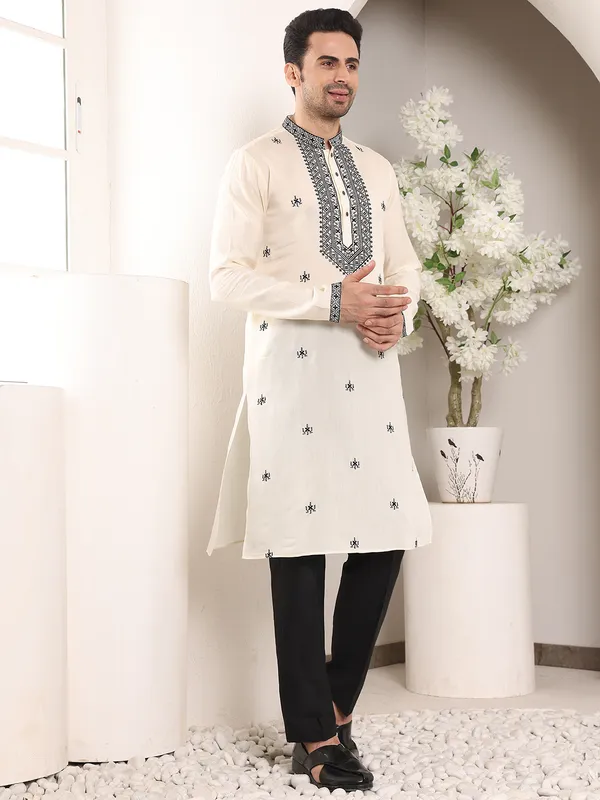 White_Straight_Viscose_Silk_Embroidered_Neckline_And_Motifs_Kurta_For_Men