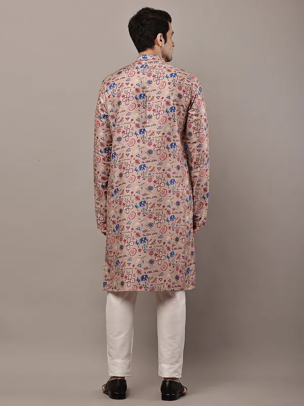 Beige_Printed_Kurta_with_Cream_Pyjama_&_Multicolor_Ethnic_Motifs_For_Men